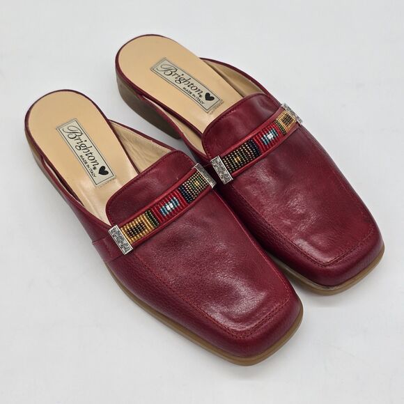Brighton Lucy Red Gran Slides Southwestern Beads Strap Leather Italy Size 9M - Picture 2 of 8